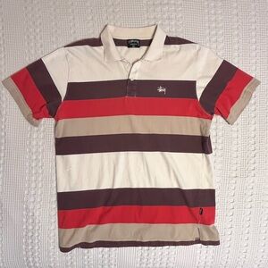 Stussy Striped Polo Shirt - Red, Brown, Cream - 44 Chest - Fits like a Large